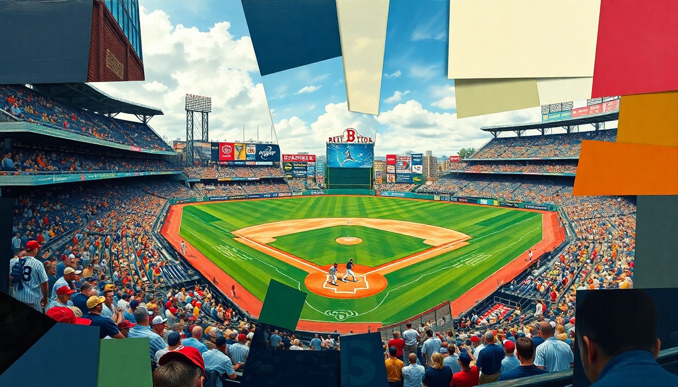 A fractured, multi-perspective painting depicting a baseball game between the Boston Red Sox and Milwaukee Brewers, with the players and field broken down into sharp, overlapping geometric shapes and planes, conveying the combative nature of the rivalry between the teams.