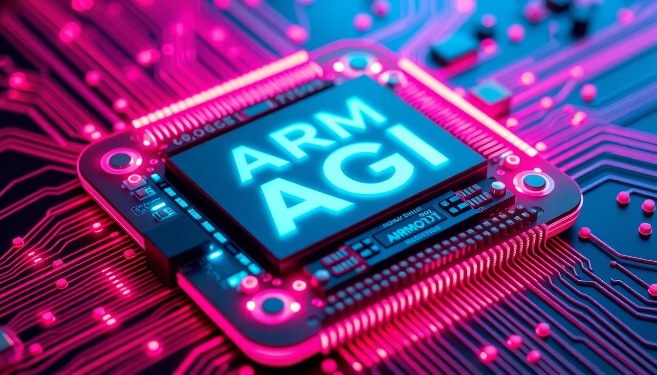 A highly detailed, glowing 3D macro illustration of the Arm AGI CPU processor, with its intricate circuitry and components illuminated by neon cyan and magenta lights, conceptually representing the power and efficiency of this new AI-focused chip design.