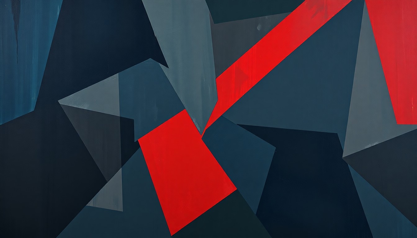 An abstract, fractured painting in shades of blue, grey, and red, conveying the turbulent political dynamics in Hungary through an avant-garde visual style.