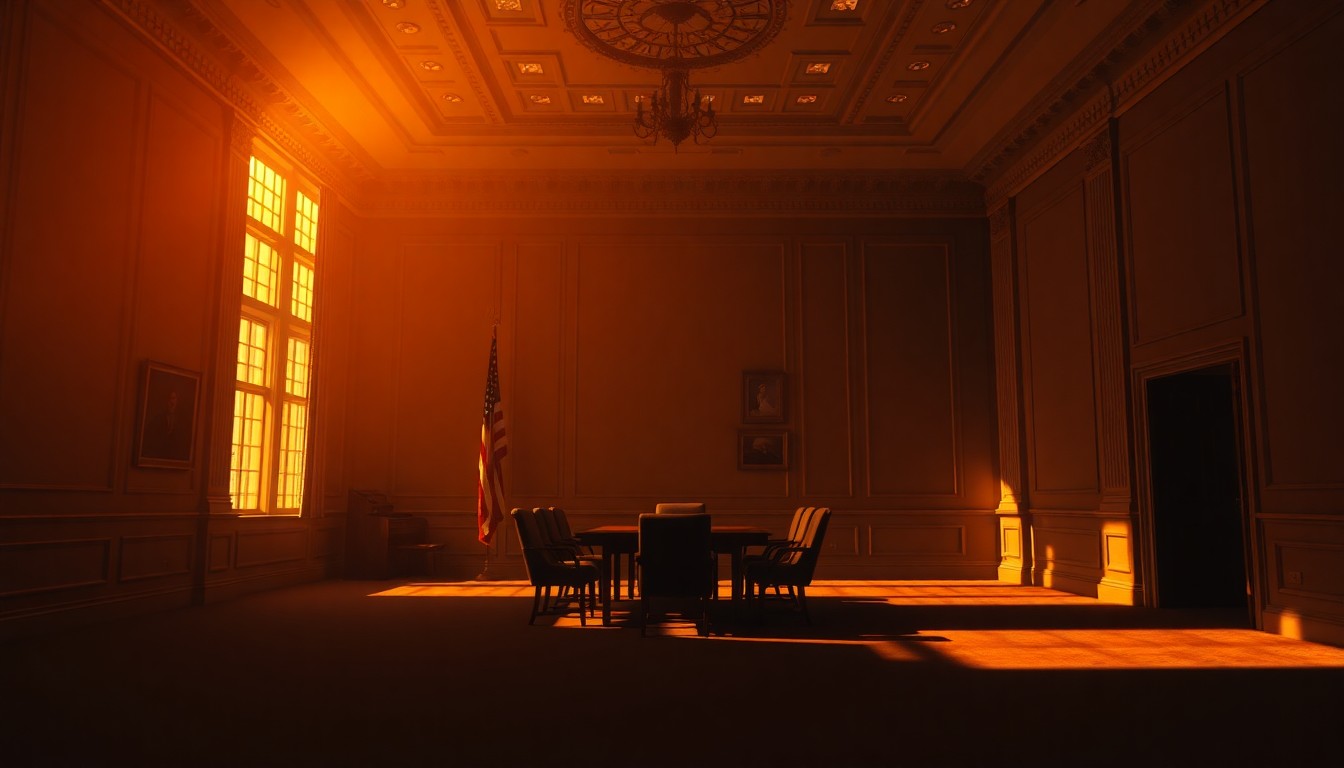 A dimly lit, empty government office or conference room with warm sunlight streaming in through the windows, creating a sense of political tension and unease.