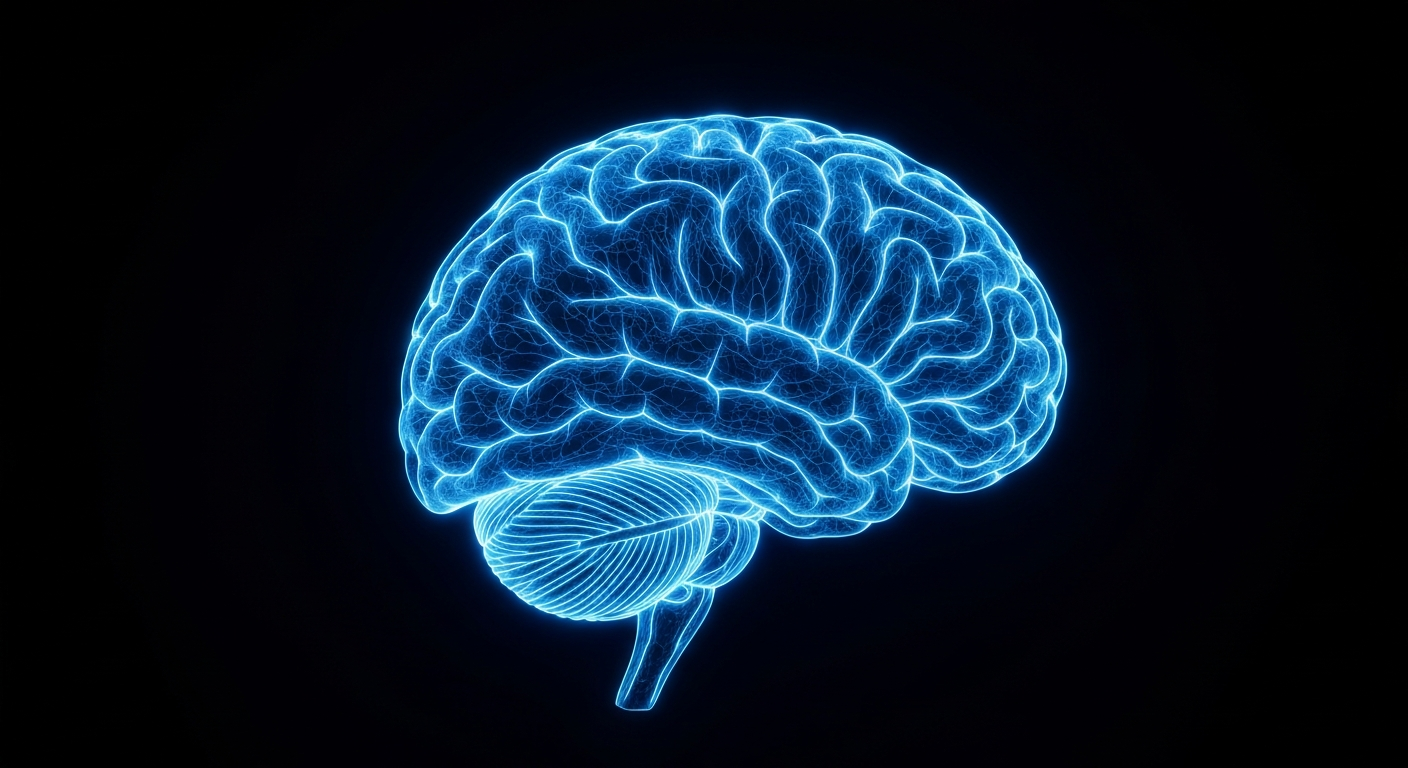 A vibrant neon outline of a human brain, glowing with electric energy against a dark background, conceptually representing the importance of mental health services.