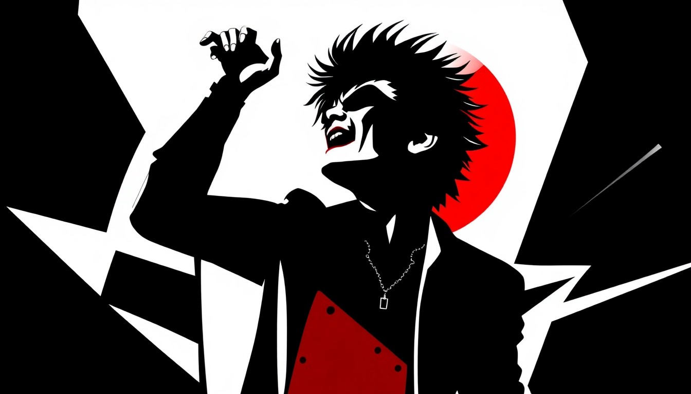 A bold, abstract illustration featuring stark black silhouettes and geometric shapes in high-contrast red and white, capturing the rebellious spirit of Billy Idol's music and live shows.