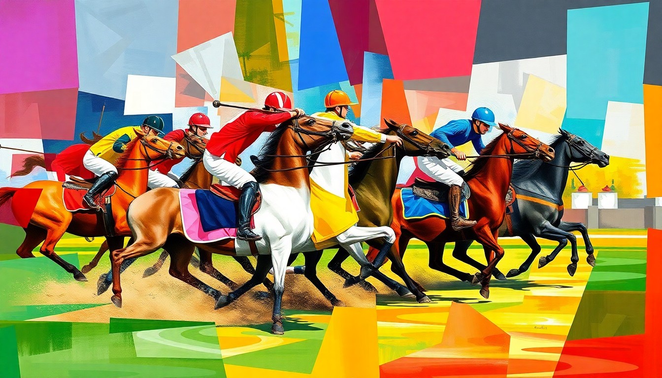 A fractured, multi-perspective painting depicting a high-speed polo match, with the players and horses broken down into sharp, overlapping geometric shapes in a vibrant color palette, conveying the dynamic and competitive nature of the sport.