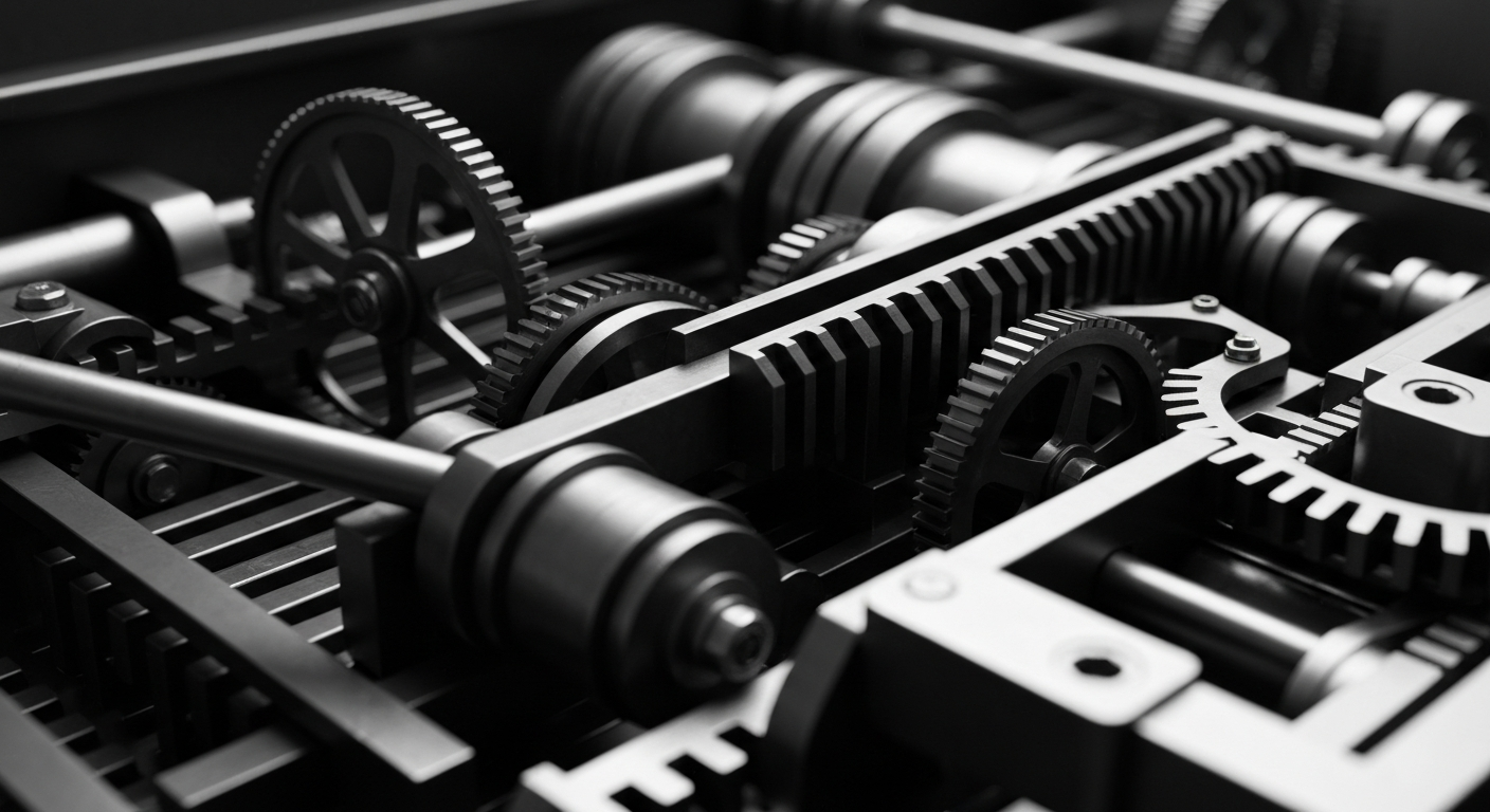 A high-contrast, close-up image of the inner workings of a reverse mortgage processing machine, with gears, levers, and mechanisms rendered in a cinematic, industrial style, conceptually representing the complex financial landscape of the evolving reverse mortgage industry.
