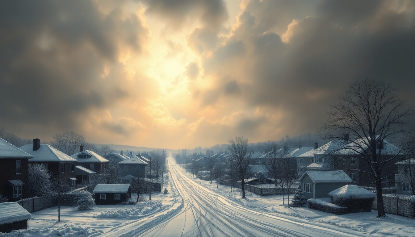 A vast, majestic landscape painting depicting a snow-covered Worcester neighborhood under a dramatic, moody sky, with the physical structures of the city dwarfed by the powerful natural forces of the unexpected late-season snowfall.
