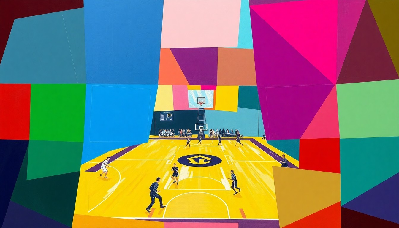 A cubist, geometric painting featuring overlapping planes of color representing a high school sports competition, conveying the energy and dynamism of athletic excellence.