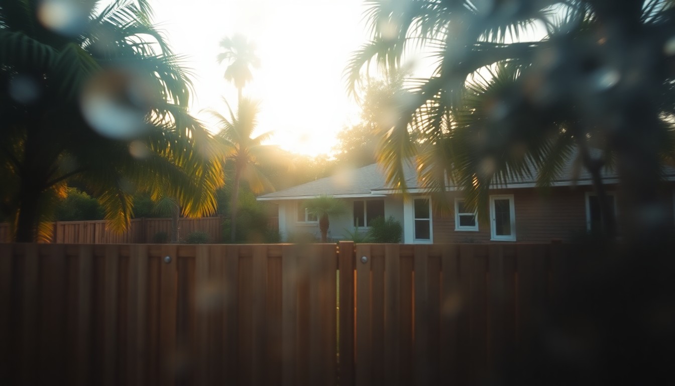 An impressionistic, out-of-focus photograph of a tropical backyard with a wooden fence, palm trees, and a glimpse of a modern ranch-style home, conveying a sense of warmth, tranquility, and the allure of a private outdoor oasis.