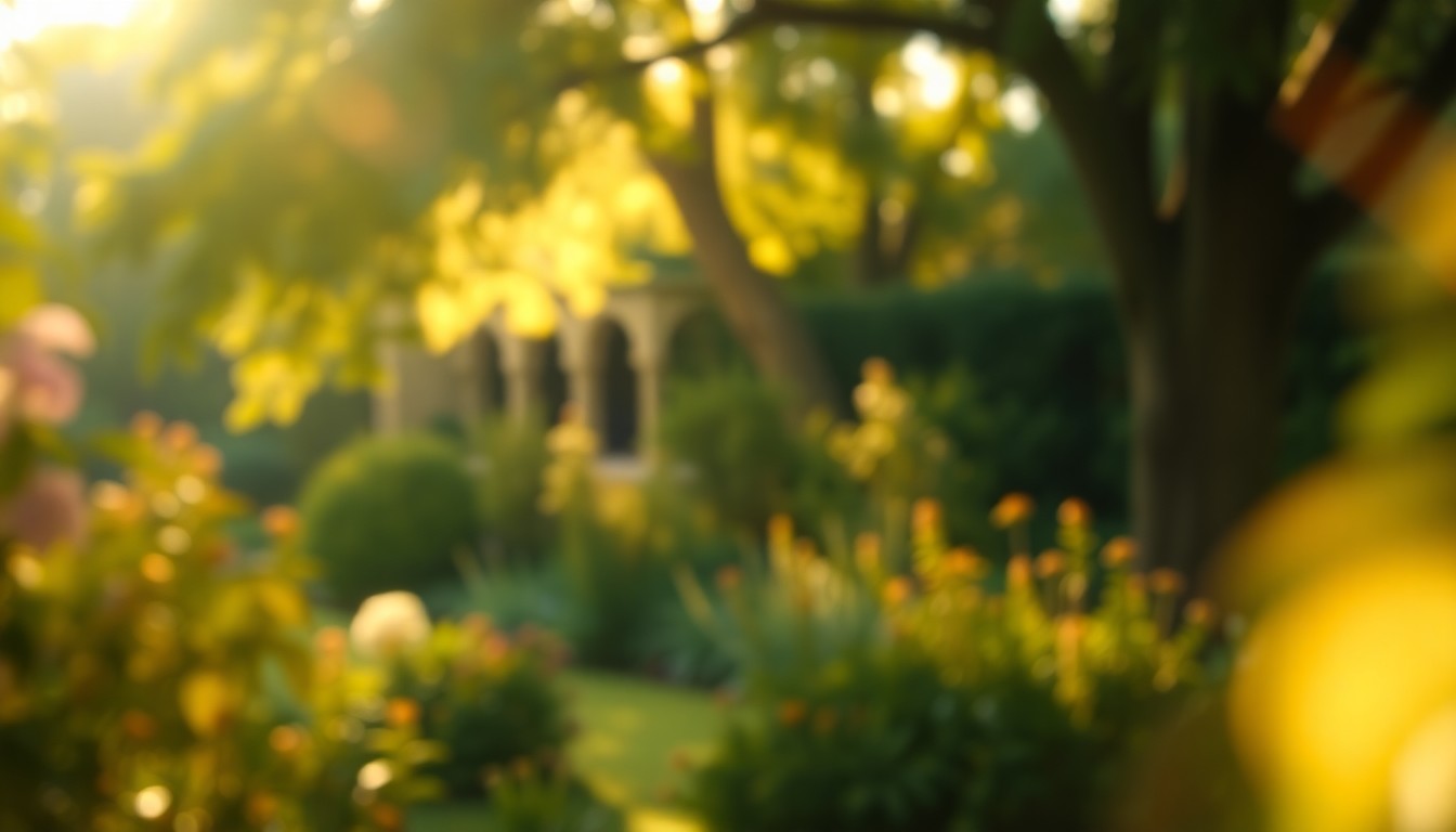 An extremely abstracted, out-of-focus photograph of a garden scene, with soft pools of warm light and color creating a dreamlike, atmospheric mood.