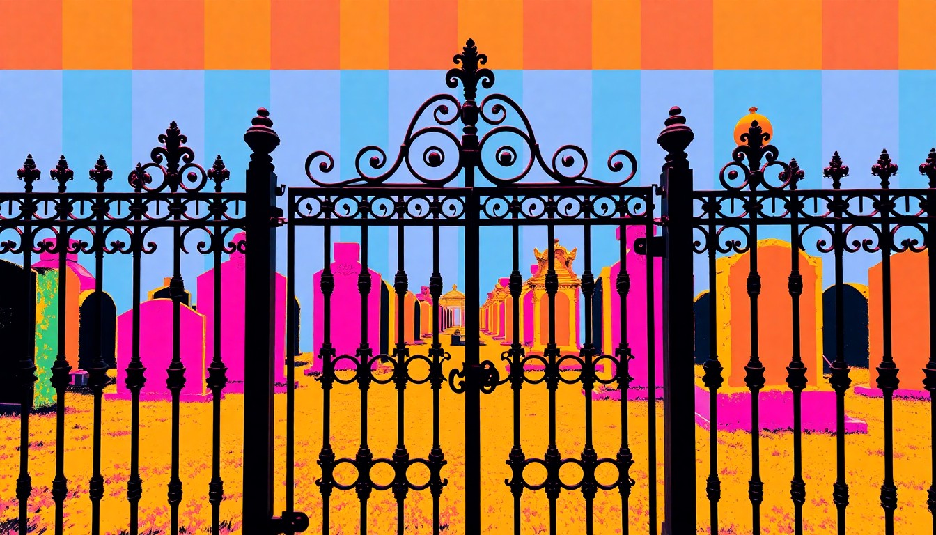 A repeating grid of brightly colored, high-contrast silkscreen images depicting an ornate cemetery gate or wrought-iron fence, conceptually representing the communal effort to care for and preserve local burial grounds.