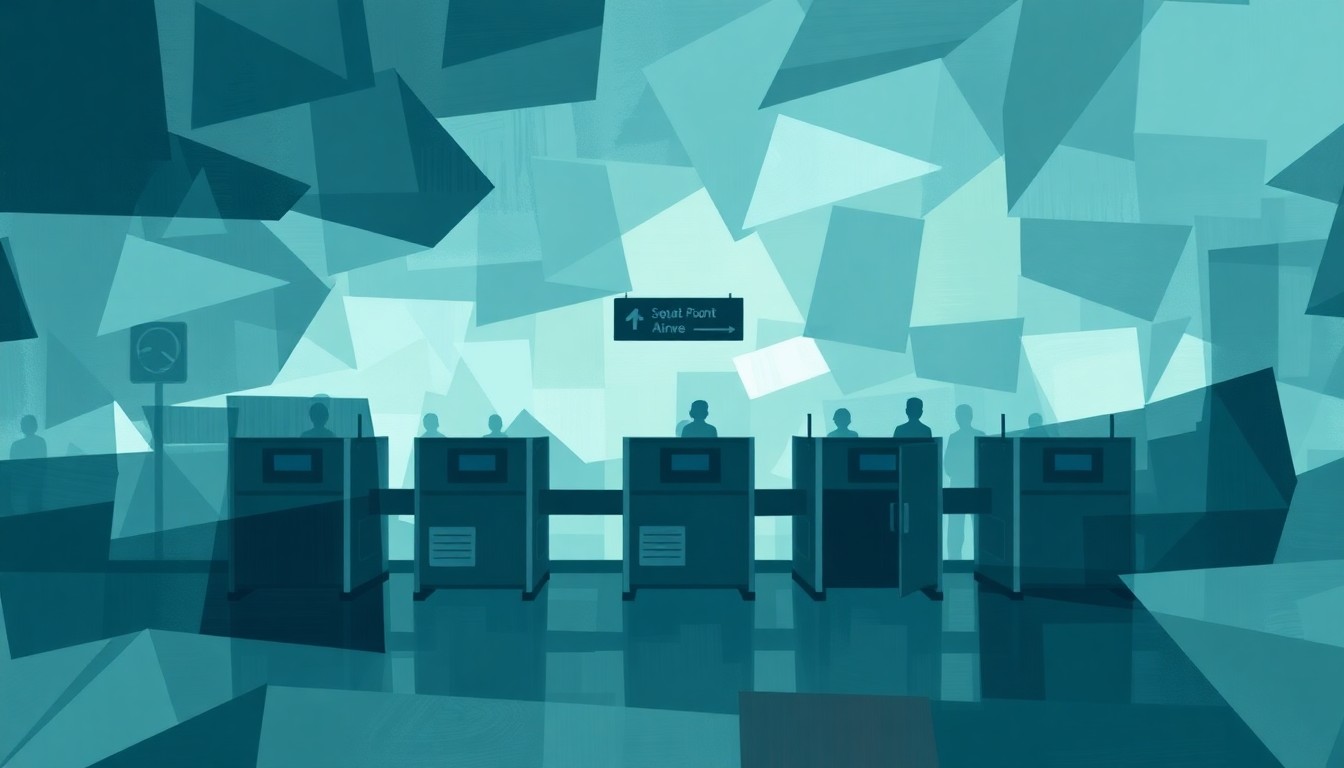 A fragmented, abstract painting depicting the chaotic scene of an airport security checkpoint, with overlapping geometric shapes and brushstrokes in muted blues, grays, and greens, conveying the disruption and uncertainty caused by the government shutdown's impact on air travel.