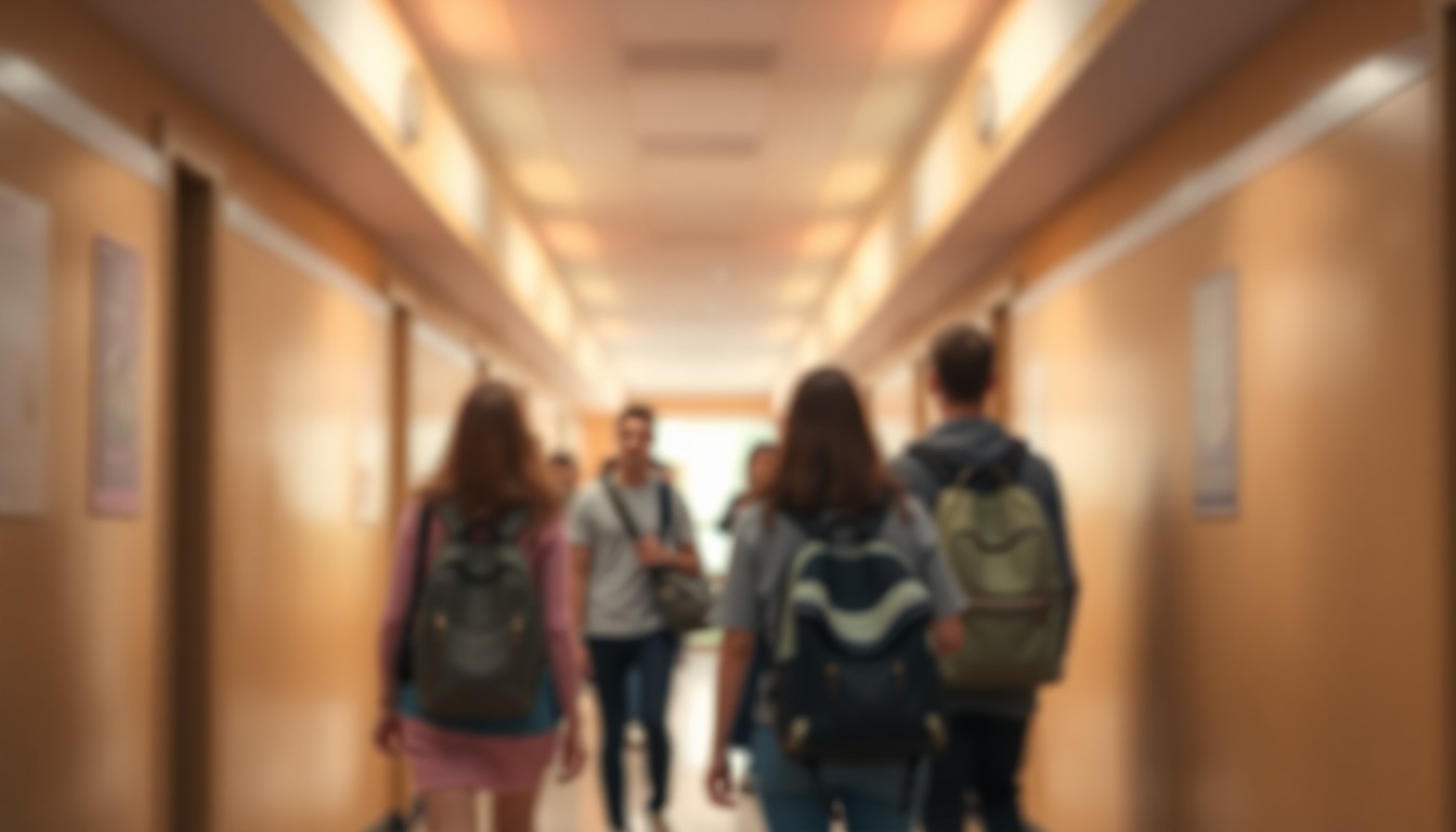 An abstract, impressionistic scene of high school students in a hallway, with soft, blurred pools of warm light and color creating a dreamlike, atmospheric quality.