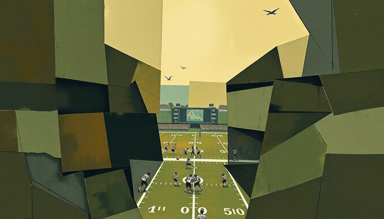 A cubist, geometric painting depicting fragmented, overlapping shapes and planes in muted earth tones, representing the complex challenges the Raiders face in making the right choice with their high draft pick.