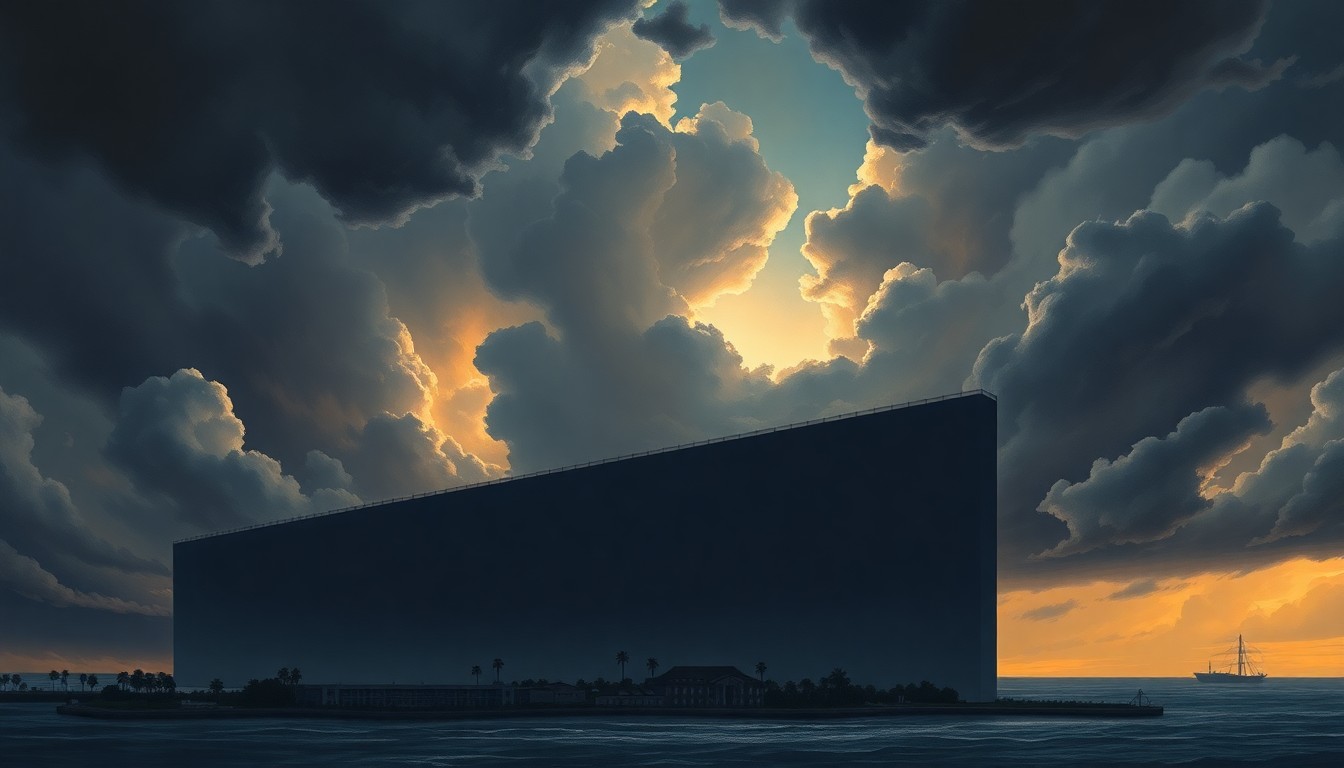 A vast, atmospheric landscape painting depicting a towering, shadowy flood barrier system silhouetted against a dramatic, stormy sky, dwarfing the Florida Aquarium's buildings in the foreground and conveying the overwhelming scale of the natural forces it is designed to protect against.