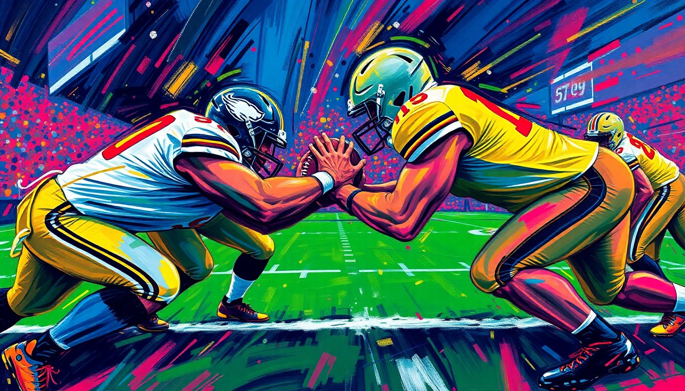 A vibrant, abstract painting in neon colors depicts the raw energy and movement of offensive linemen colliding on a football field, conveying the competitive spirit of spring practice.