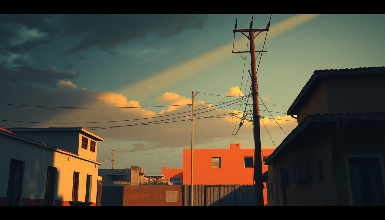 A photorealistic painting of a lone power line pole in a Cuban neighborhood, the pole standing tall against a backdrop of warm, golden sunlight and deep shadows, conveying a sense of isolation and the impact of the country's energy crisis on daily life.