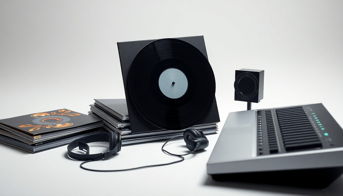 A minimalist, photorealistic studio still-life featuring a stack of vinyl records, a pair of studio headphones, and a sleek music mixing console, symbolizing the financial and operational aspects of the proposed acquisition of Universal Music Group.