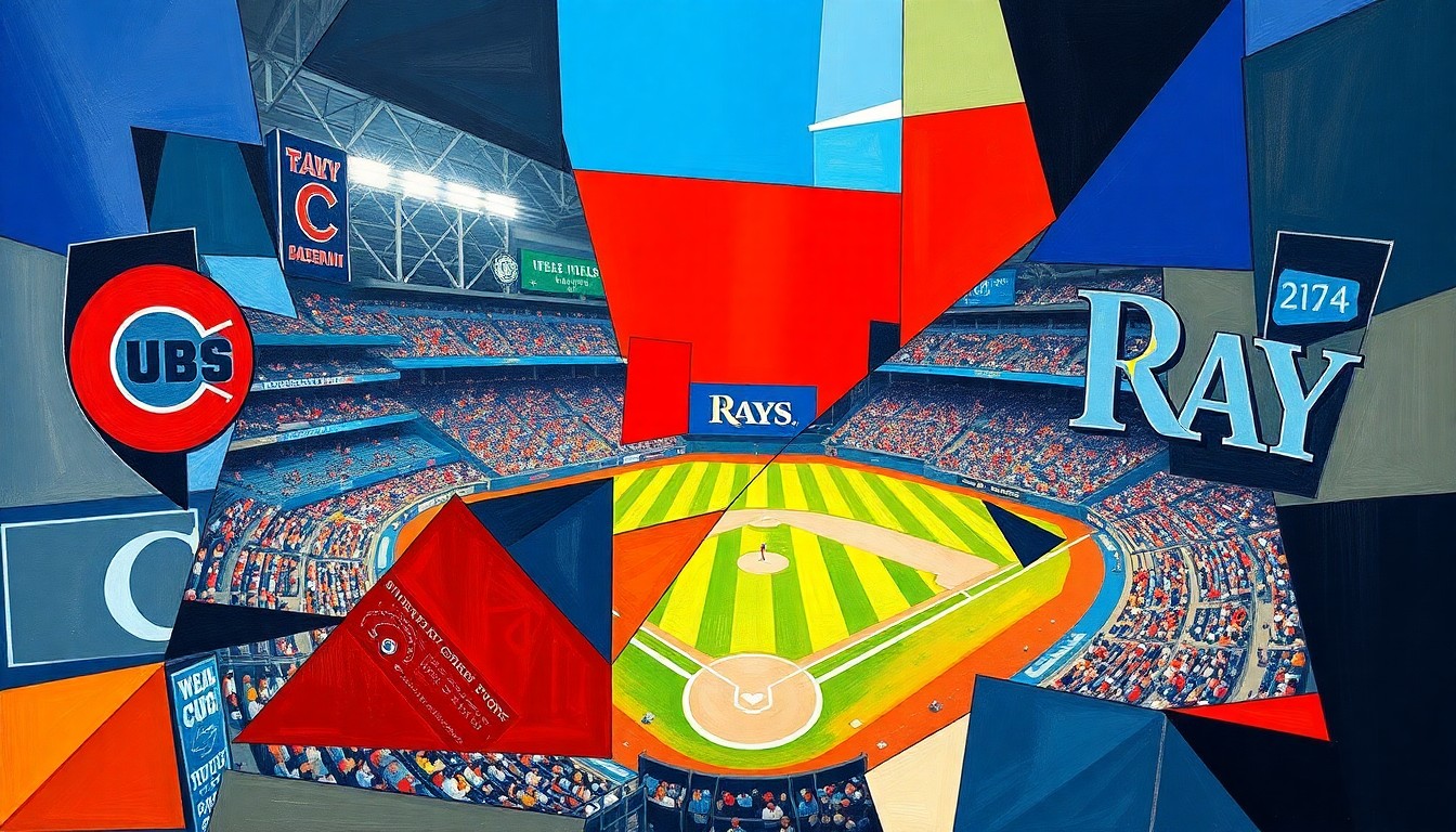 A fractured, multi-perspective painting depicting a baseball game between the Chicago Cubs and Tampa Bay Rays, with sharp, overlapping geometric planes in vibrant shades of blue, red, and navy.