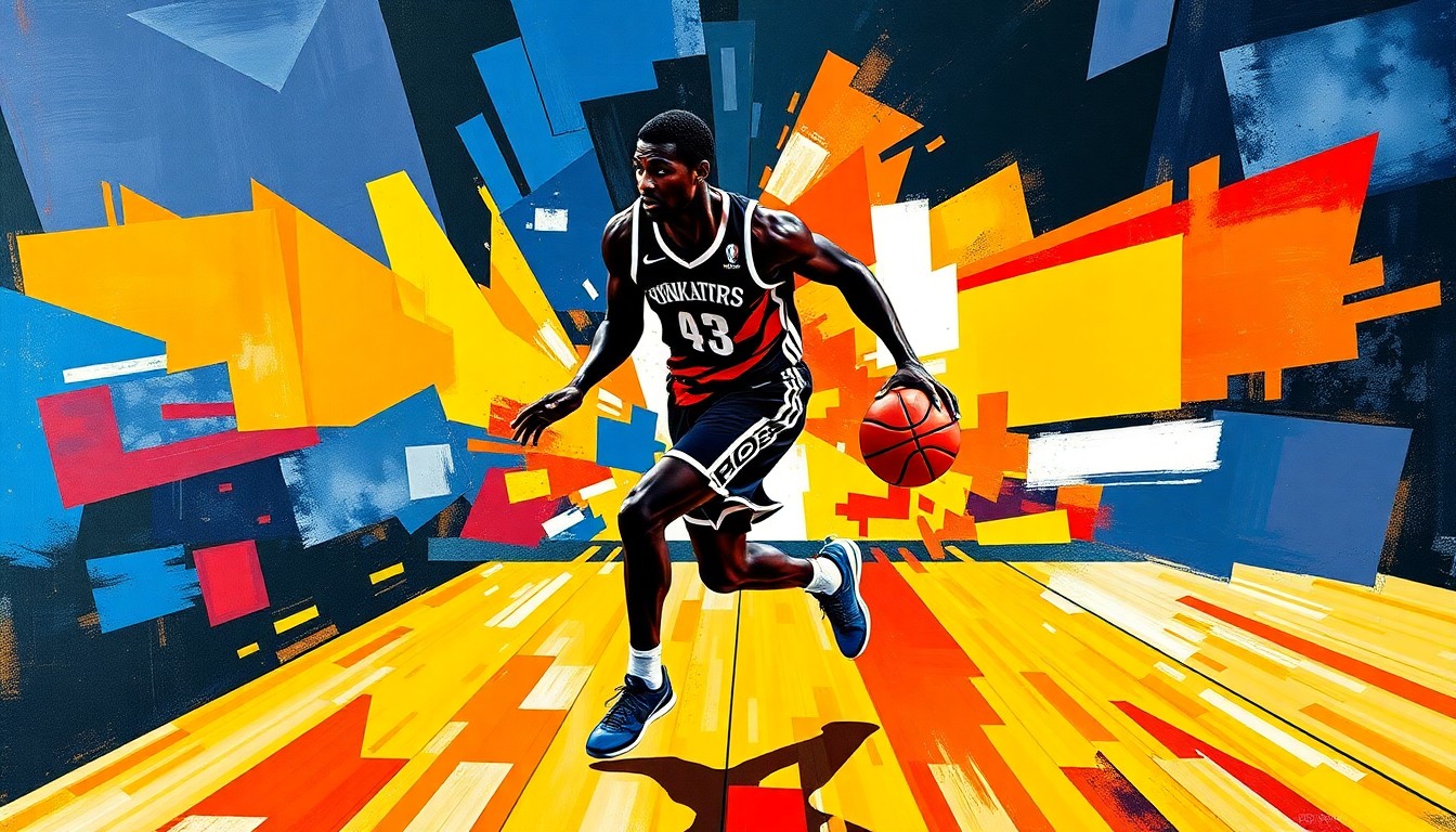 A cubist-style painting depicting the silhouette of a basketball player in motion, broken down into sharp, overlapping geometric shapes in vibrant colors representing the team palettes of the schools recruiting the player.
