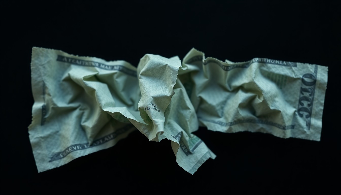 An extreme close-up photograph of a crumpled, torn piece of paper money on a dark background, conceptually representing the financial tensions between a landlord and tenant.