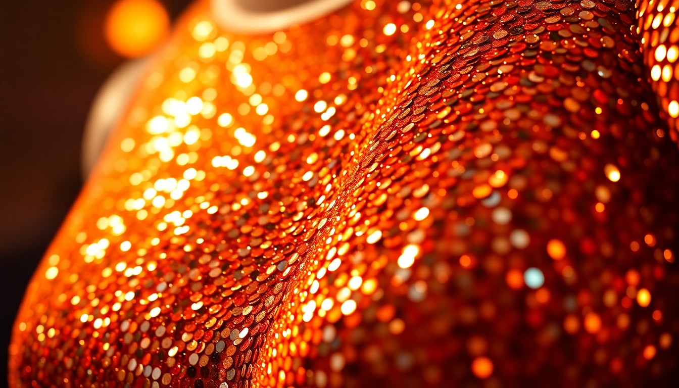 An extreme close-up photograph of shimmering, high-contrast sequins in a dramatic studio lighting setup, capturing the glamour and opulence of reality TV celebrity culture.