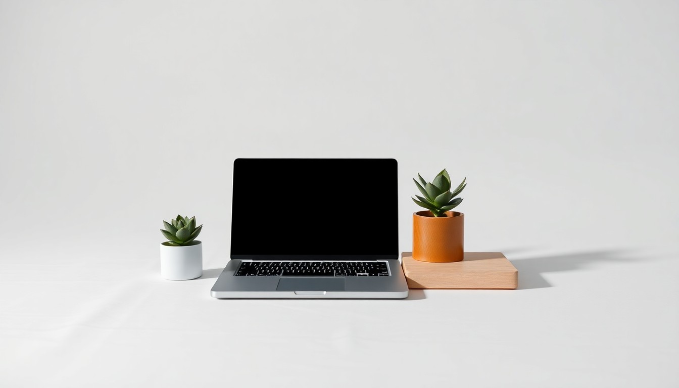 A minimalist studio still life featuring a modern laptop, desk organizer, and potted plant, conceptually representing Align's focus on delivering exceptional customer service and technology consulting solutions.