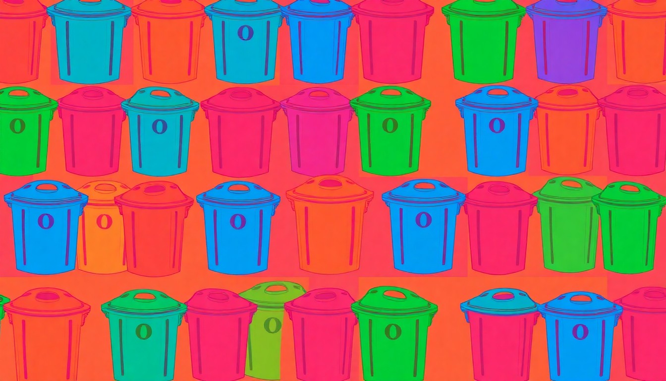 A vibrant, high-contrast silkscreen print of a single, iconic NYC trash bin object repeated in a tight grid pattern, utilizing flat, neon color palettes and heavy black outlines to transform the everyday item into modern pop art.