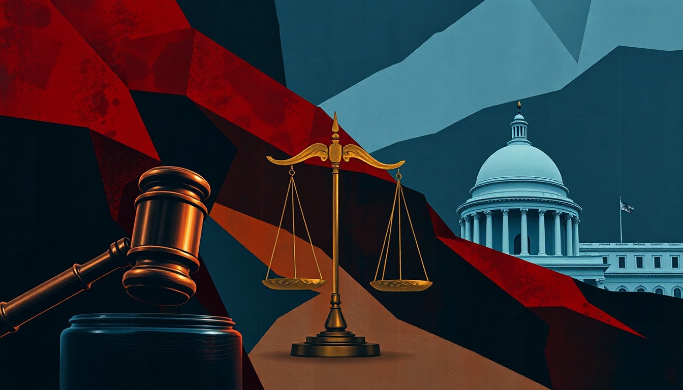 A dynamic, abstract painting featuring overlapping geometric shapes and fragments of government symbols like a gavel and scales of justice, conveying a sense of political turmoil and the fragmentation of the justice system.