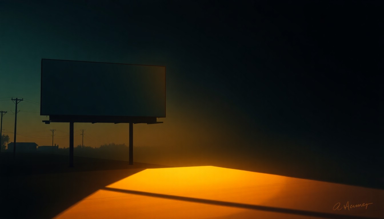 A serene, cinematic painting depicting a lone campaign sign or billboard in soft, warm light and deep shadows, conveying the contemplative mood of a pivotal political race.