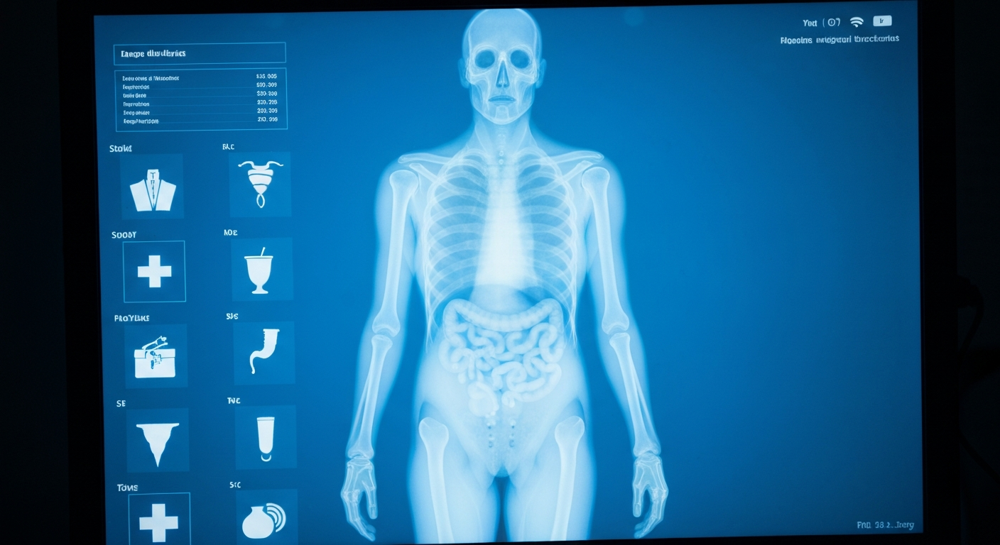 A ghostly, translucent X-ray image revealing the internal structure of a computer monitor displaying various medical icons and symbols, conceptually representing the integration of technology and healthcare.