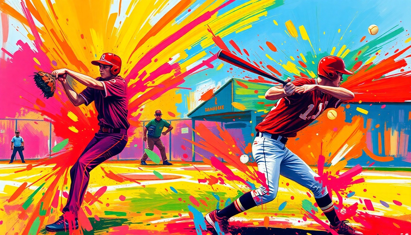 An abstract, expressionist painting featuring vibrant neon brushstrokes that capture the dynamic motion and energy of a high school softball game, with the players' forms dissolving into colorful, gestural splatters.