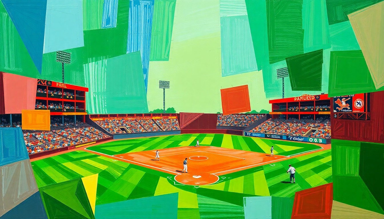 A vibrant, abstract painting featuring overlapping geometric shapes and planes of green, red, and blue, conceptually representing the dynamic action and energy of a high school baseball game.