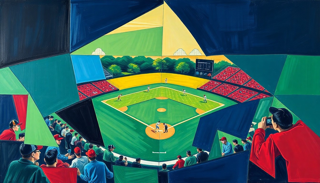 A fragmented, geometric painting depicting the dynamic action and movement of a high school baseball game, with sharp planes of navy, green, and red colors.