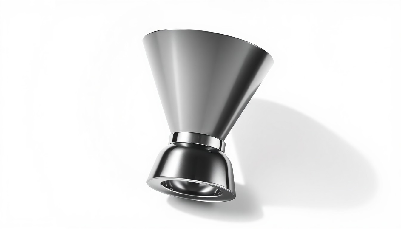A close-up photograph of a shiny, modern HARIO V60 dripper made of polished stainless steel, resting on a clean white background and illuminated by dramatic studio lighting, conveying a sense of refined elegance and premium craftsmanship.