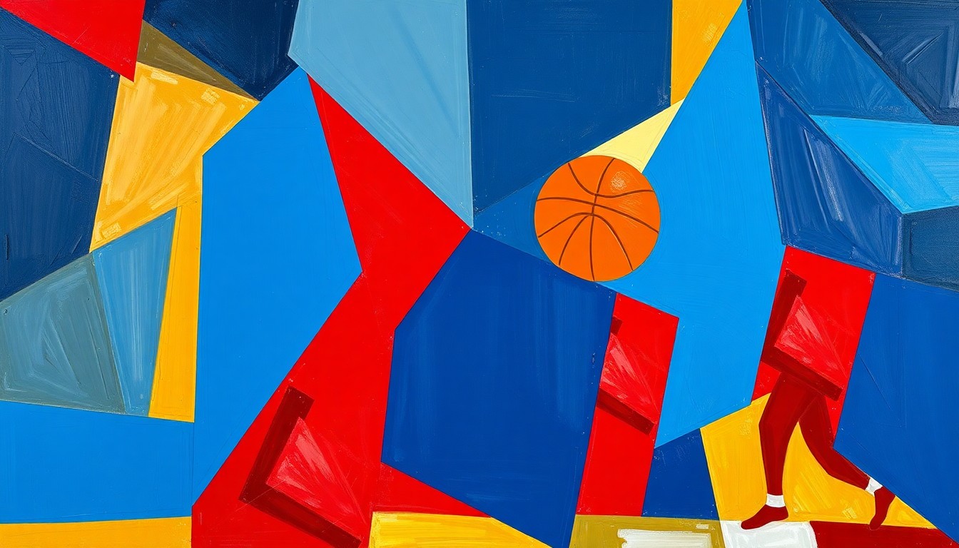 A cubist, geometric painting depicting a fragmented WNBA basketball game, with sharp planes of navy, red, and gold colors overlapping to create a dynamic, abstract visual representation of the sport.