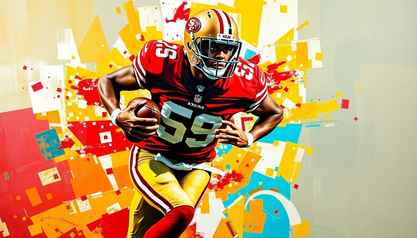A cubist, geometric painting depicting a football player in mid-motion, with the player's body fractured into overlapping planes of vibrant red, gold, and black colors.