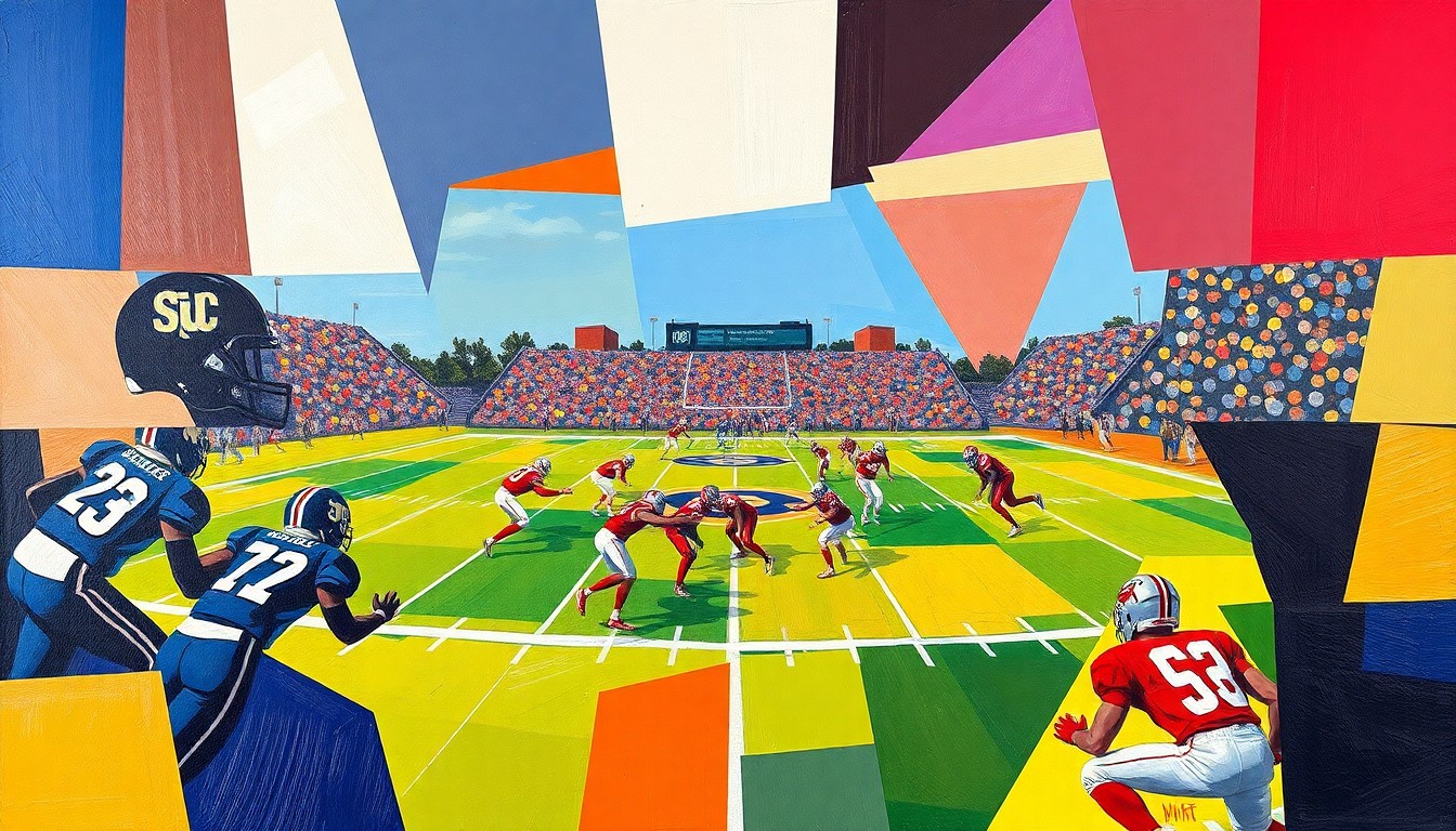 A dynamic, cubist-style painting featuring overlapping geometric shapes and planes in the official team colors of the Cherry Creek Bruins, capturing the energy and intensity of a high school football game.
