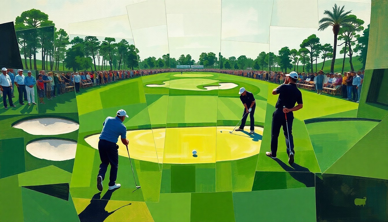 A cubist, geometric painting depicting a fractured, multi-perspective view of a golf course, with overlapping planes of green fairways, sand traps, and shadowy golfer silhouettes, conceptually representing the challenge of breaking long-standing tournament records.