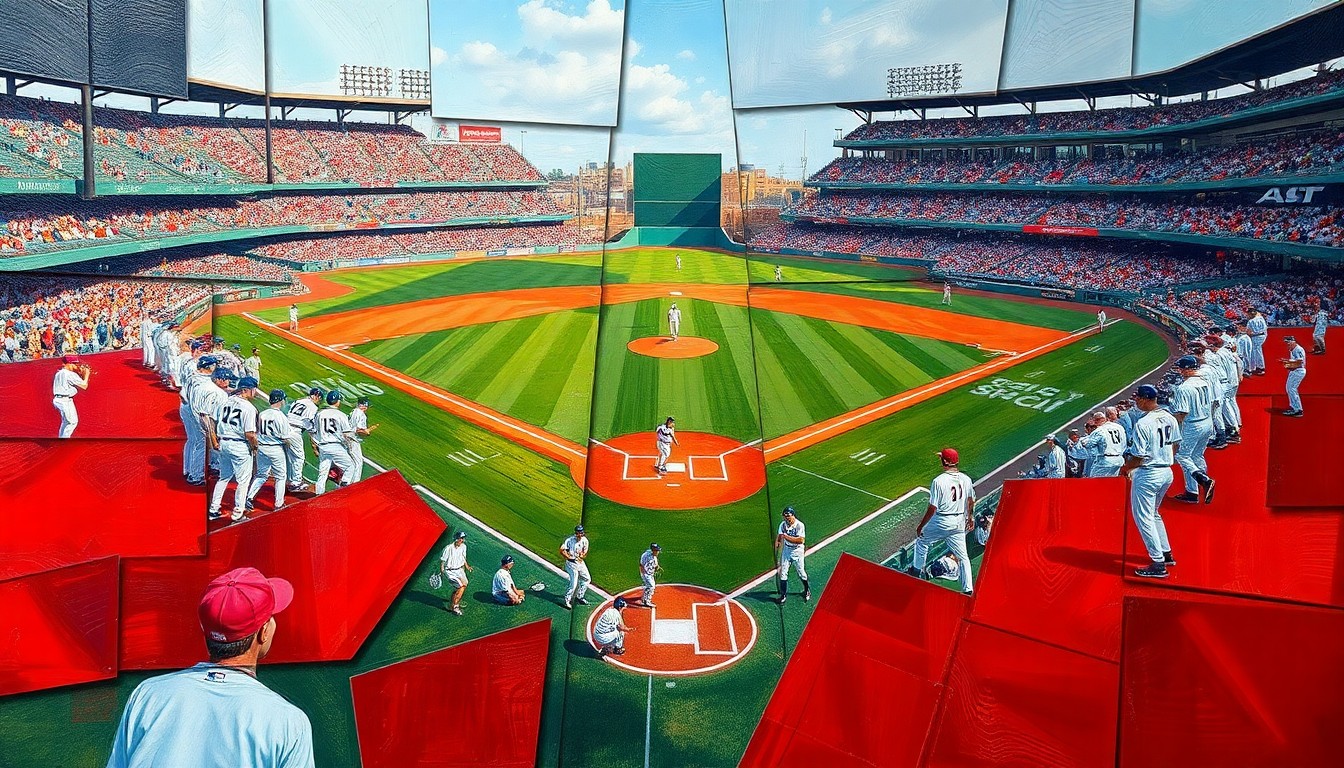 A fragmented, geometric painting depicting the various elements of a college baseball game - the diamond, the players, the crowd - all broken down into sharp, overlapping planes of color and shape.