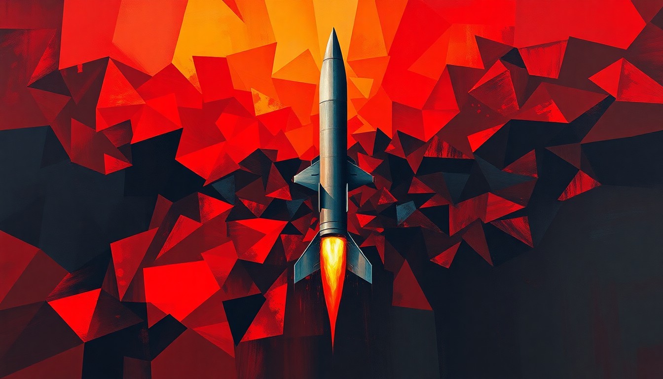 A dynamic, abstract painting featuring overlapping, fractured shapes and lines in shades of red, orange, and black, conveying a sense of political tension and the potential for conflict.