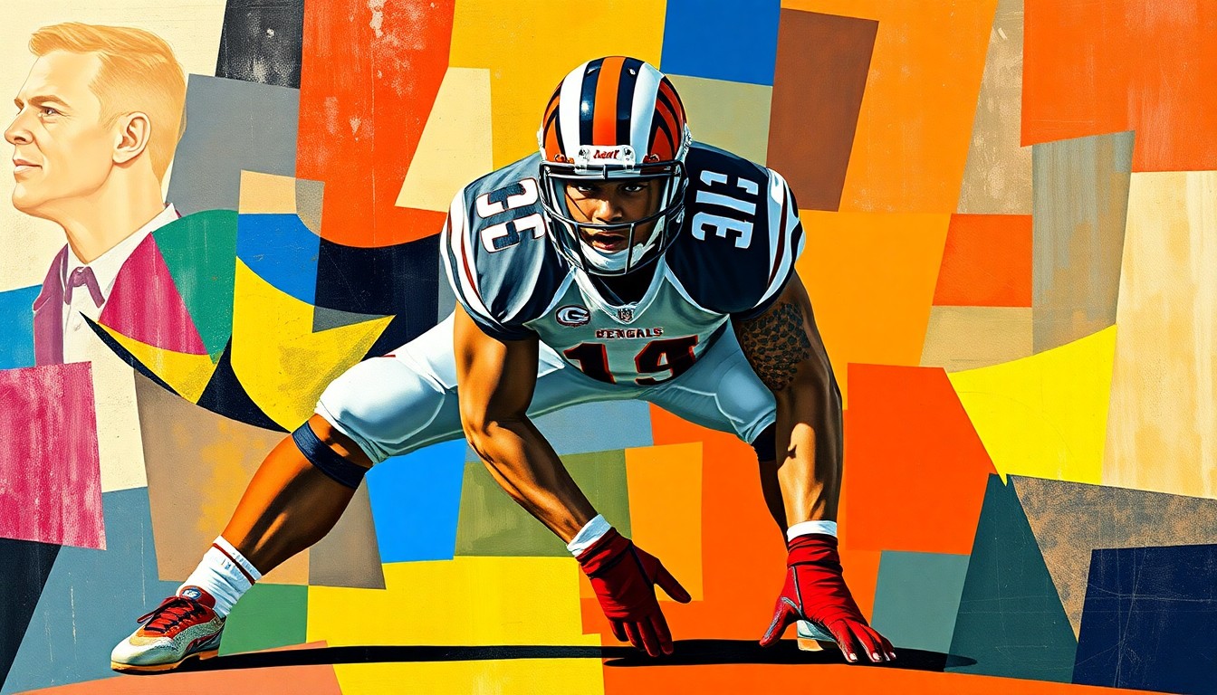 A fragmented, cubist-style painting depicting a football player's defensive line stance, with sharp geometric shapes in the colors of the Cincinnati Bearcats and Bengals, conceptually representing the transition from college to professional football.