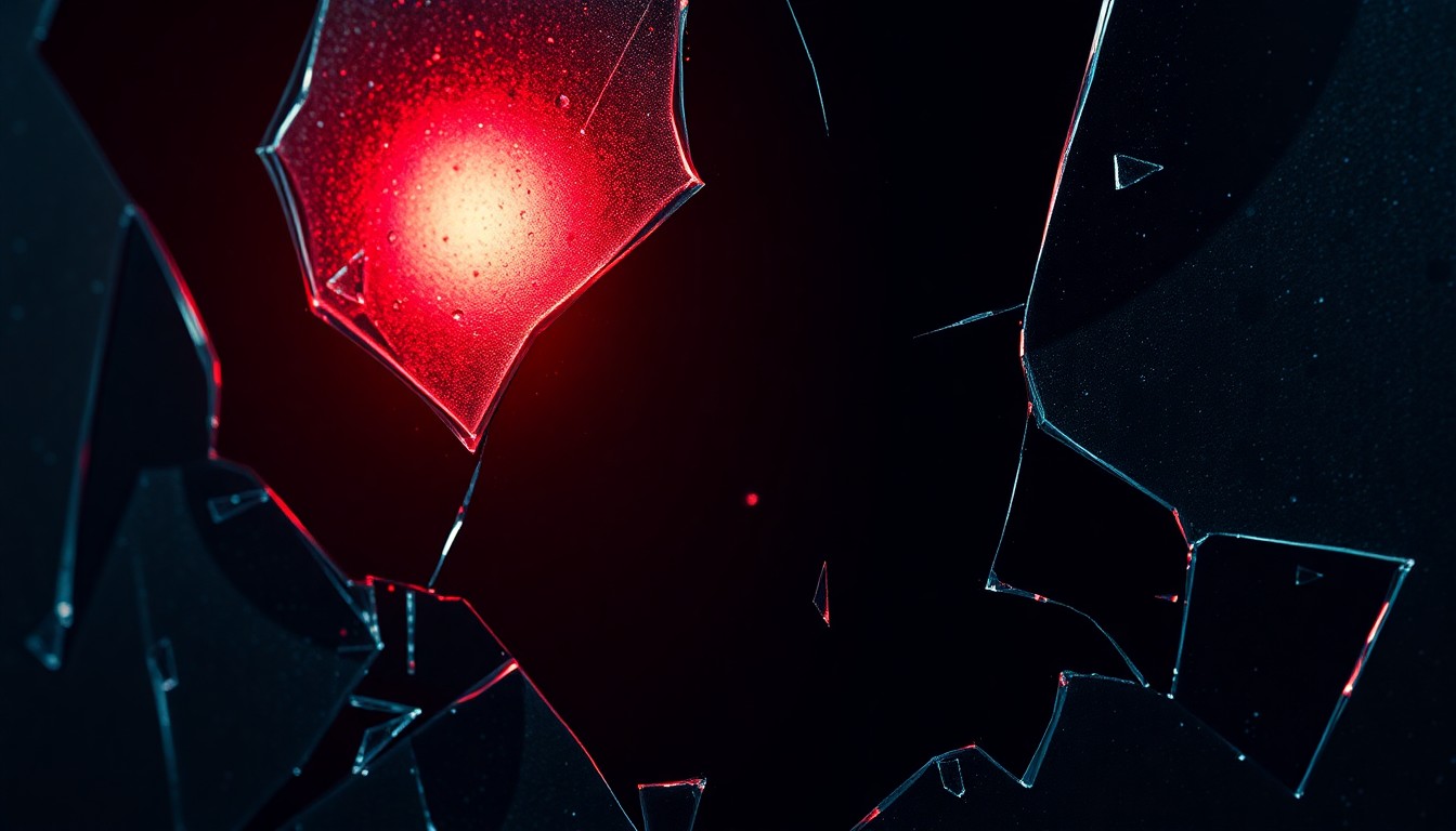 An abstract close-up image of shattered glass reflecting a faint red light, conveying a sense of high drama and tension surrounding a criminal investigation.