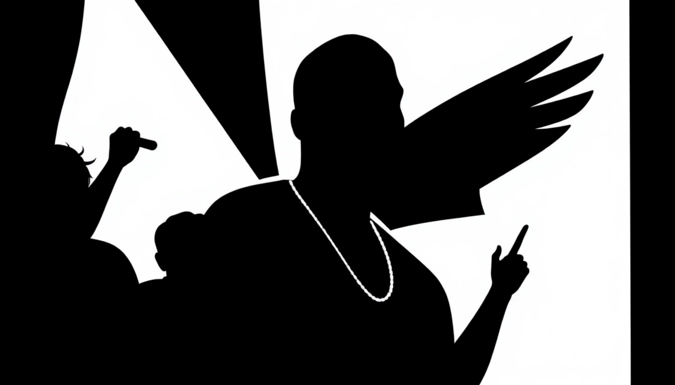 A bold, abstract composition of stark, jagged black silhouettes and geometric shapes, conceptually representing the cancellation of Kanye West's UK festival appearance due to his antisemitic remarks.