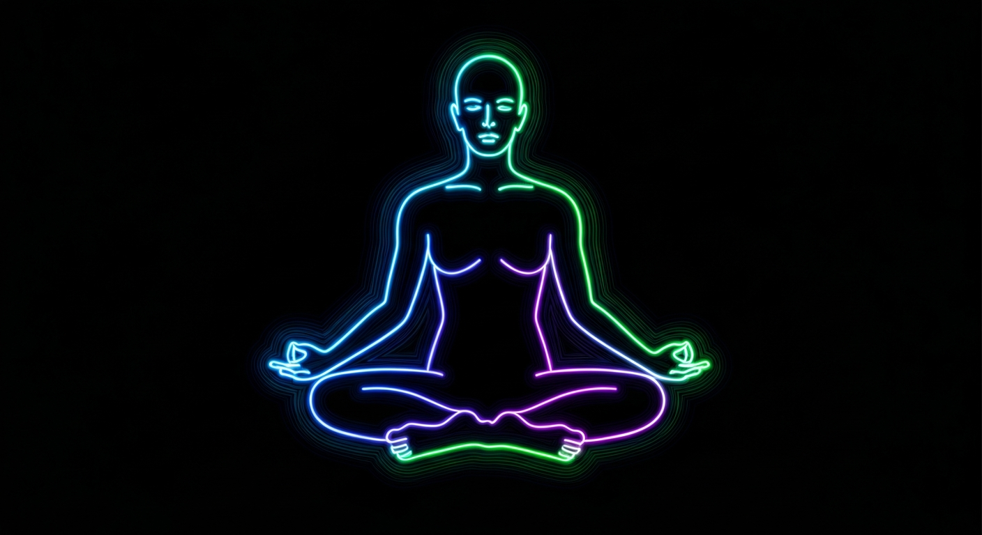 A glowing neon outline of a person in a meditative pose, surrounded by pulsing lines of energy in vibrant shades of blue, green, and purple against a dark background, conveying a sense of inner calm and balance.