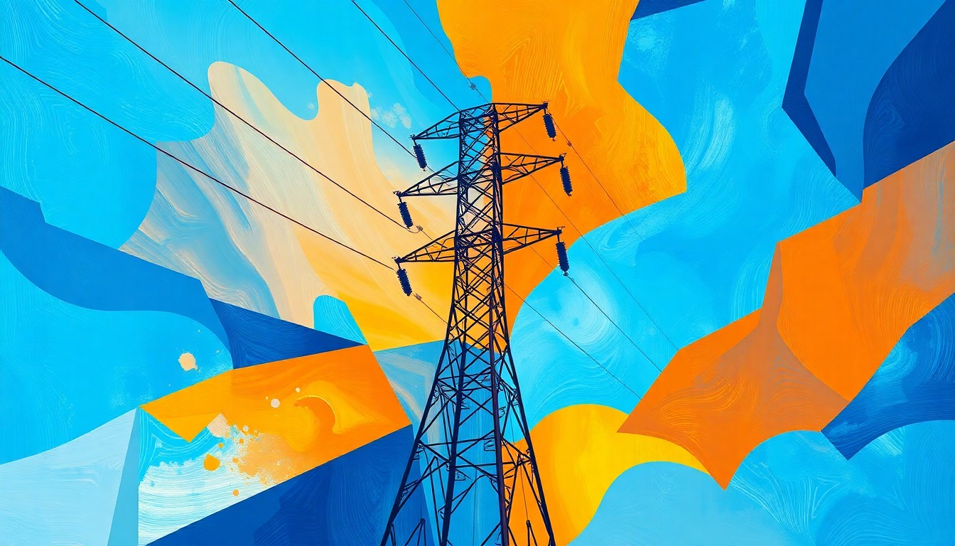 A fractured, geometric painting of a power line tower in overlapping waves of electric blue, neon orange, and metallic silver, conveying the complex energy challenges facing New York.