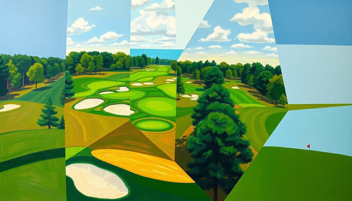 A fractured, cubist-style painting depicting an abstract interpretation of a golf course, with sharp, overlapping planes of green fairways, brown sand traps, and blue skies, conveying the excitement and energy of the upcoming Masters tournament.