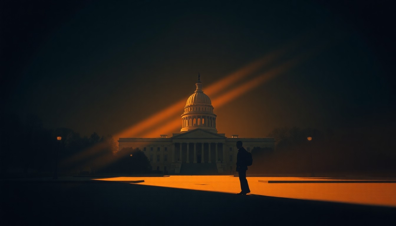 A serene, cinematic painting depicting a lone government building or political figure in a state of quiet contemplation, the scene bathed in warm, dramatic lighting that casts deep shadows, conveying a sense of the gravity and weight of the Supreme Court's decision on presidential power.