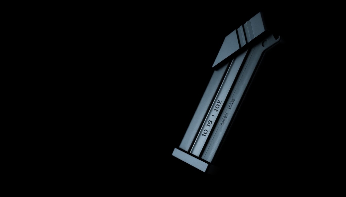 An extreme close-up photograph of a police-issued handgun magazine against a pitch-black background, lit by a harsh, direct camera flash, conceptually representing the gritty, investigative nature of law enforcement training.