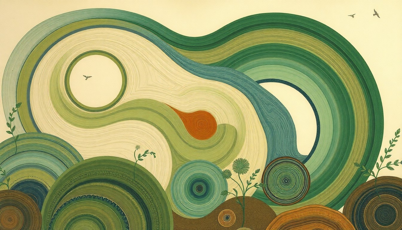 A highly structured abstract painting in soft, earthy tones of green, blue, and brown, featuring sweeping geometric arcs, concentric circular patterns, intersecting waveforms, and precise botanical spirals, conveying the complex natural forces and ecological systems of a sustainable rain garden landscape.