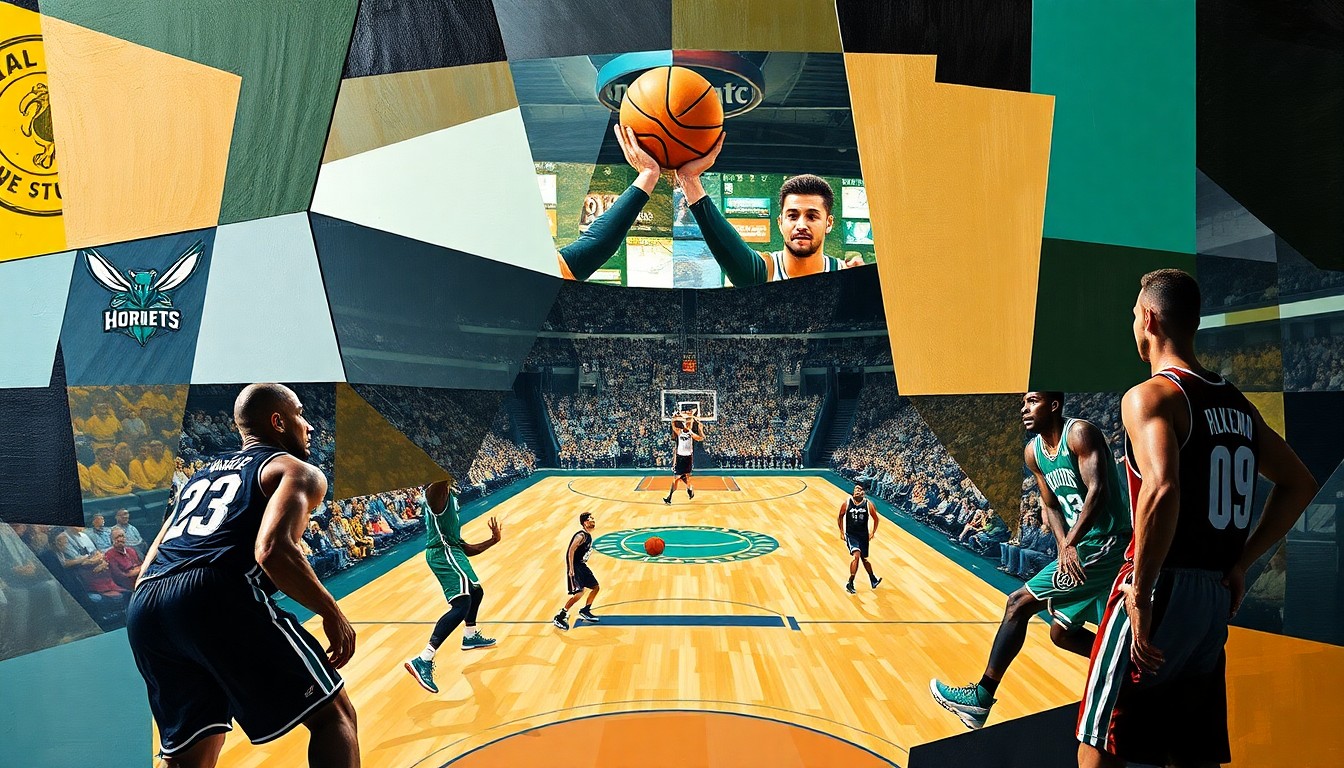 A fractured, multi-perspective painting breaking down a basketball game between the Charlotte Hornets and Boston Celtics into sharp, overlapping geometric planes, with the players' figures deconstructed into abstract shapes and forms.