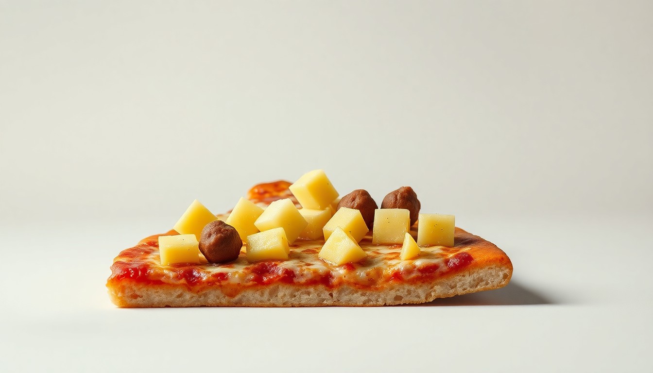 A close-up, high-contrast photograph of a slice of pizza topped with diced SPAM, pineapple chunks, and melted mozzarella cheese, arranged on a clean, minimalist background to represent the innovative new menu item.